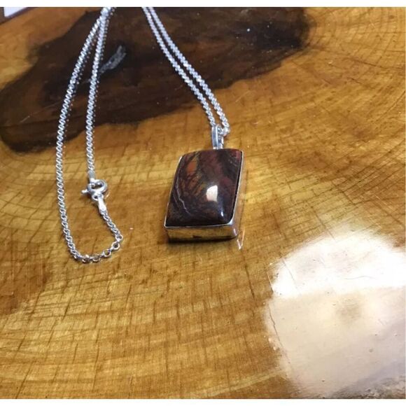 Tiger Iron Jasper and Sterling Silver Pendant Necklace, NEW, Handmade, 18” - Picture 3 of 4